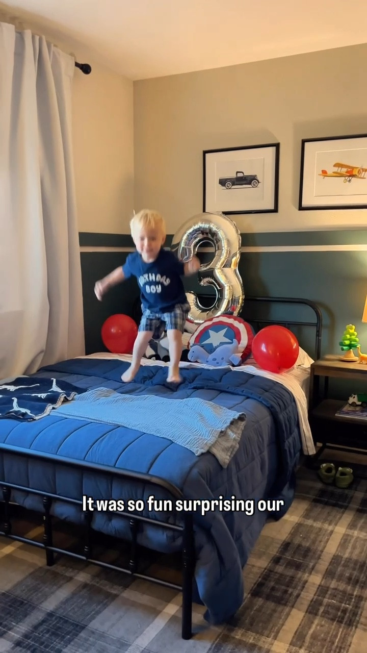 Let's set up a big boy room for Logan! He's turning three this week and getting a new bed for his third birthday. It's probably wishful thinking but he pretty much only sleeps in my bed these days so we're hoping this will get him excited to sleep in his own room again.

I was short on time but I forced myself to deep clean the whole room with my vacuum and carpet cleaner before we brought in the new bed and it feels good to have this room freshened up.✨

It was a late night, but we got his bed all put together and I LOVE how it came together! When I was designing his nursery, I wanted to create a room that could grow with him and it's cool to see how just switching out his bed created a big boy room without needing to repaint or add new decor. He asked for a Captain America bed but I don't love themed bedding that kids will outgrow quickly, so I found a cool Captain America pillow instead and paired it with a comfy blue comforter that he can use for a long time even as his interests change.

#boyroom #kidsroom #metalbed #amazon #target

#LTKHome #LTKVideo #LTKKids