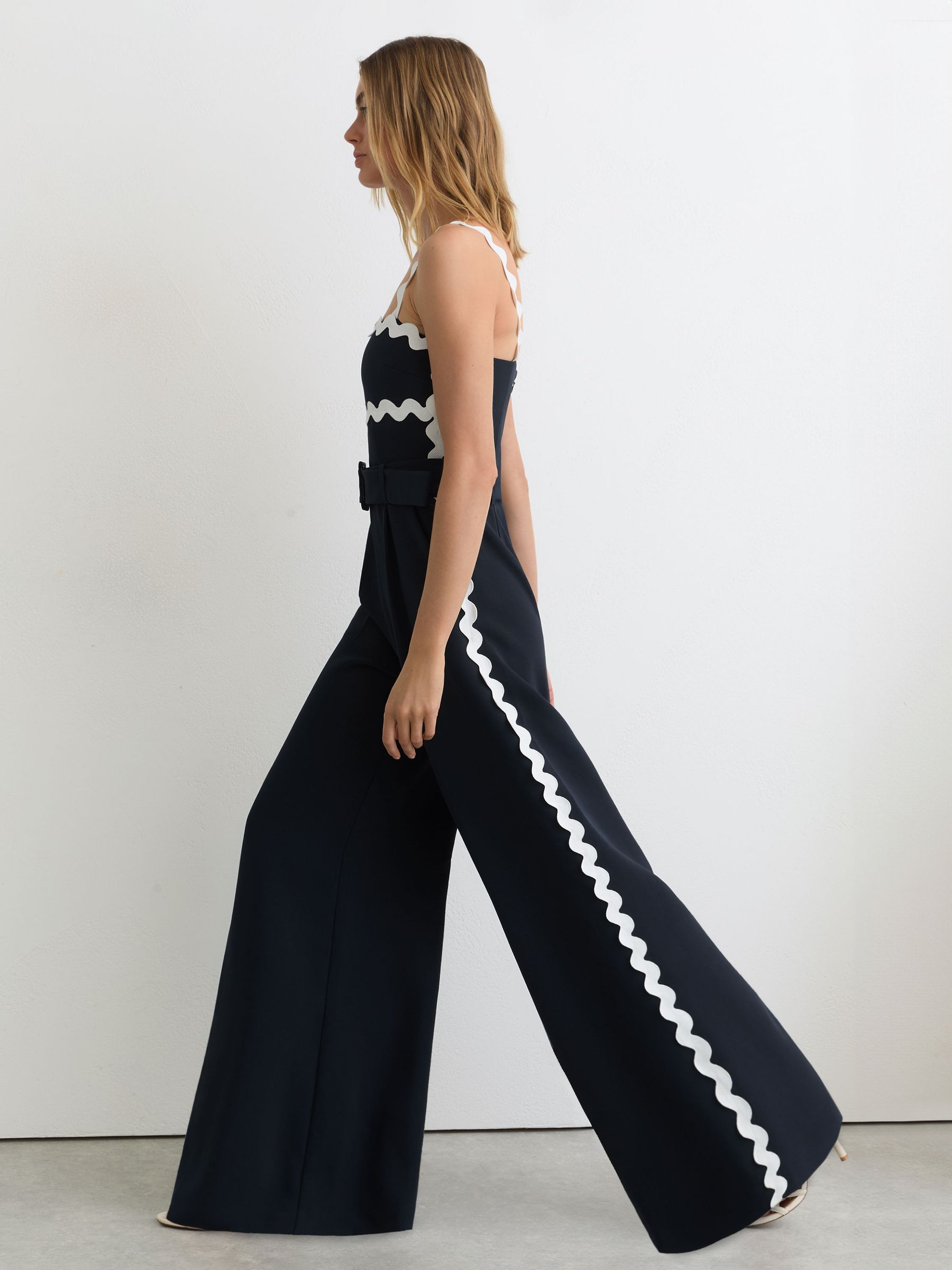 Petite Ric-Rac Trim Wide-Leg Jumpsuit in Navy/Ivory | Reiss US