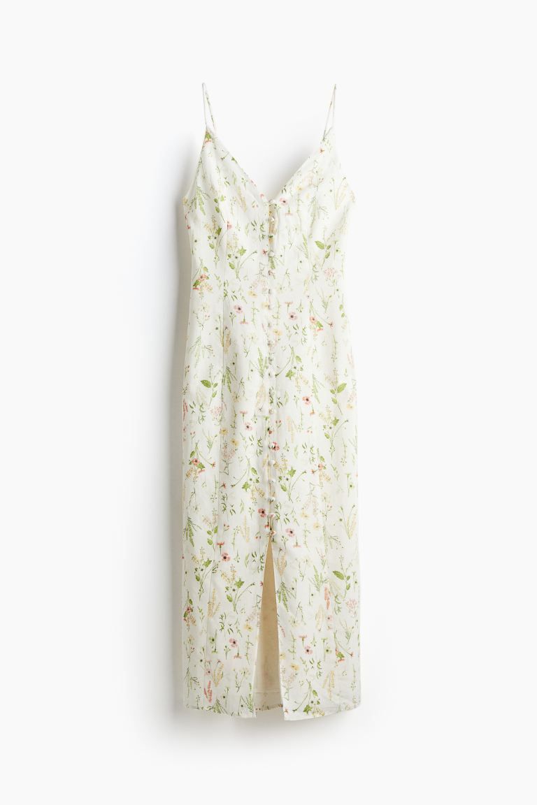 Linen-blend dress - White/Floral - Ladies | H&M GB | H&M (UK, MY, IN, SG, PH, TW, HK)
