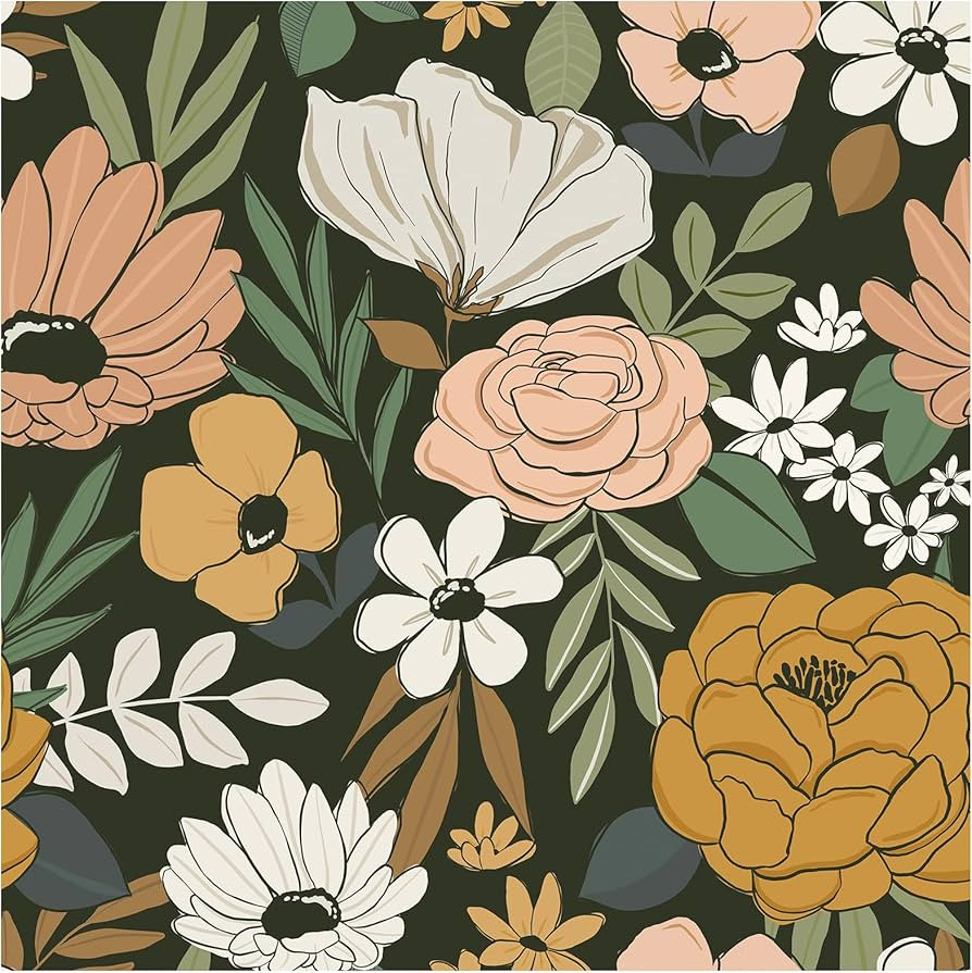 HAOKHOME 93217 Vintage Large Floral Peel and Stick Wallpaper Removable Daisy Leaf Black/Sand/Oliv... | Amazon (US)