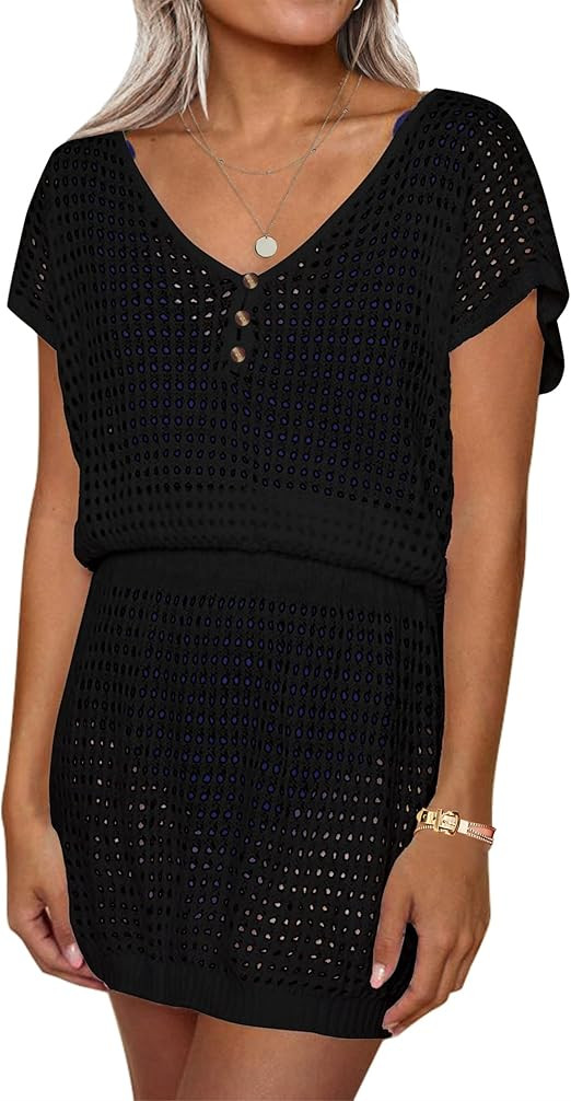 AOLRO Women's Swim Coverups Crochet Hollow Out Short Sleeve V Neck Beach Swimsuit Bathing Suit Co... | Amazon (US)