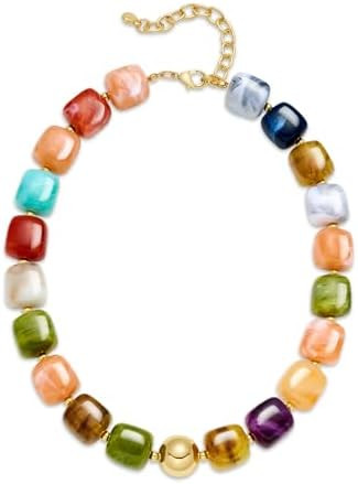 Colorful Beaded Choker Necklace for Women, Summer Beach Statement Resin Beads Necklace, Trendy Ch... | Amazon (US)