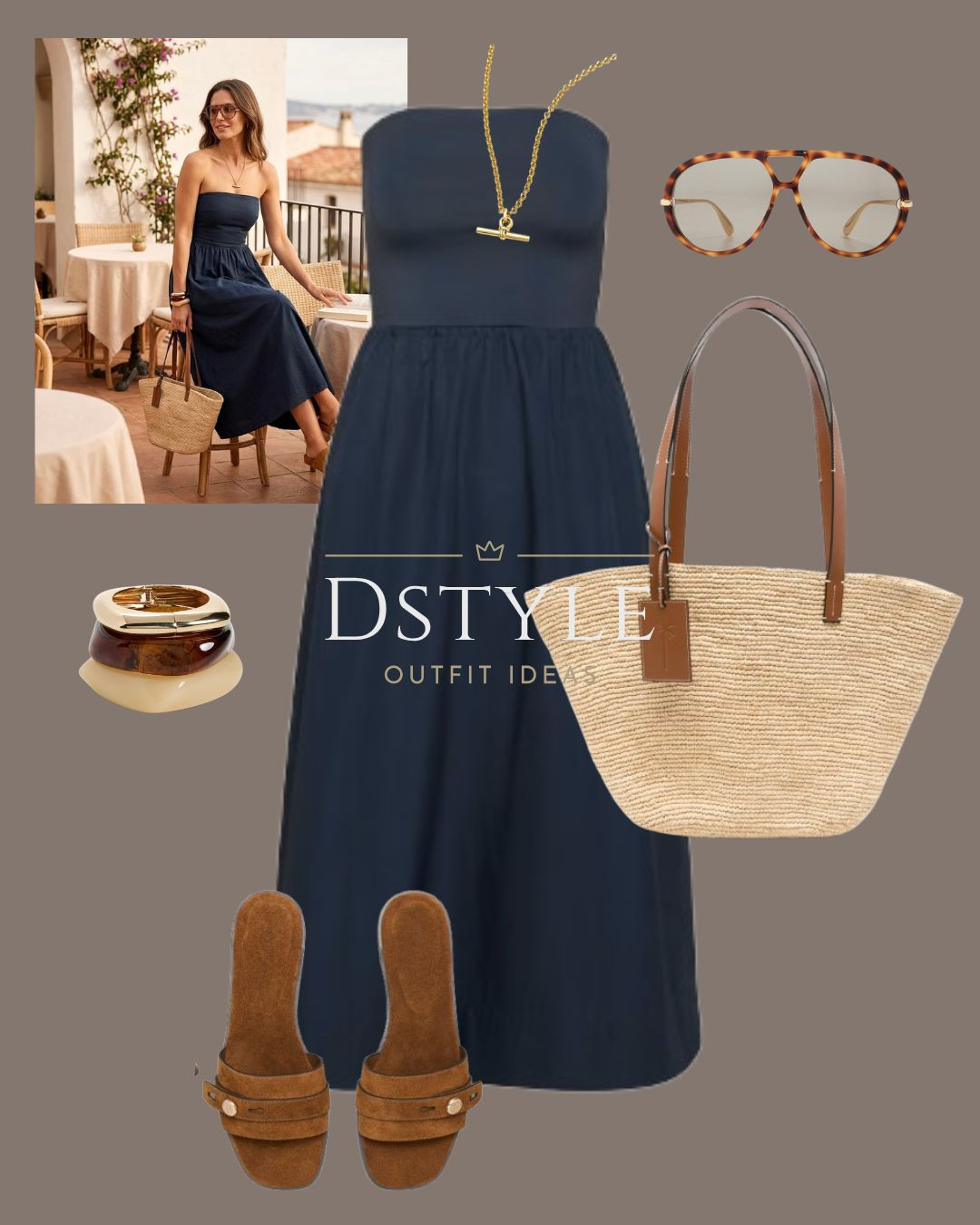 Sunset dinner ready in this stunning navy strapless maxi 🌅 The simple silhouette paired with a straw tote and tan slides is the epitome of summer elegance. A gold pendant necklace is all the sparkle you need. ✨
Tags: Navy Maxi Dress, Strapless Summer Dress, Vacation Dinner Outfit

#LTKootd