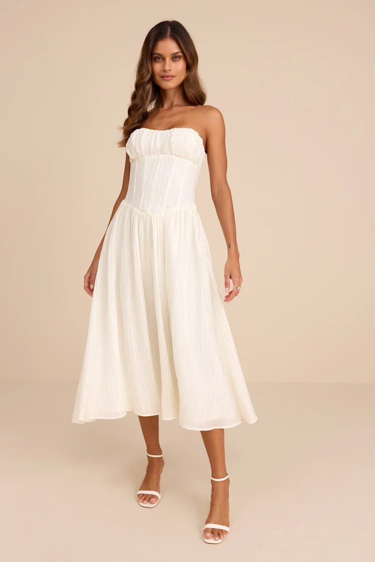 Aspen Ivory Plisse Strapless Bustier Midi Dress | Lulus