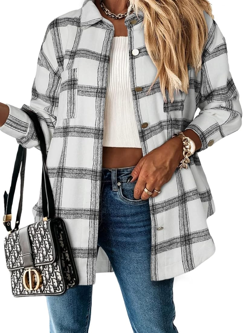 SHEWIN Womens Long Sleeve Plaid Shirts Flannel Lapel Button Down Shacket Jacket Coats | Amazon (US)
