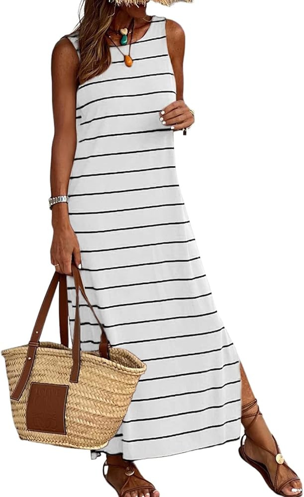 BLENCOT Women's Summer Sleeveless Striped Racerback Long Dress Casual Beach Maxi Tank Dresses | Amazon (US)
