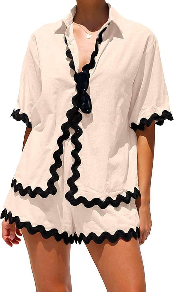 Womens 2 Piece Pajamas Set Short Sleeve Button Down Rickrack Trim Shirt High Waist Shorts Sets | Amazon (US)