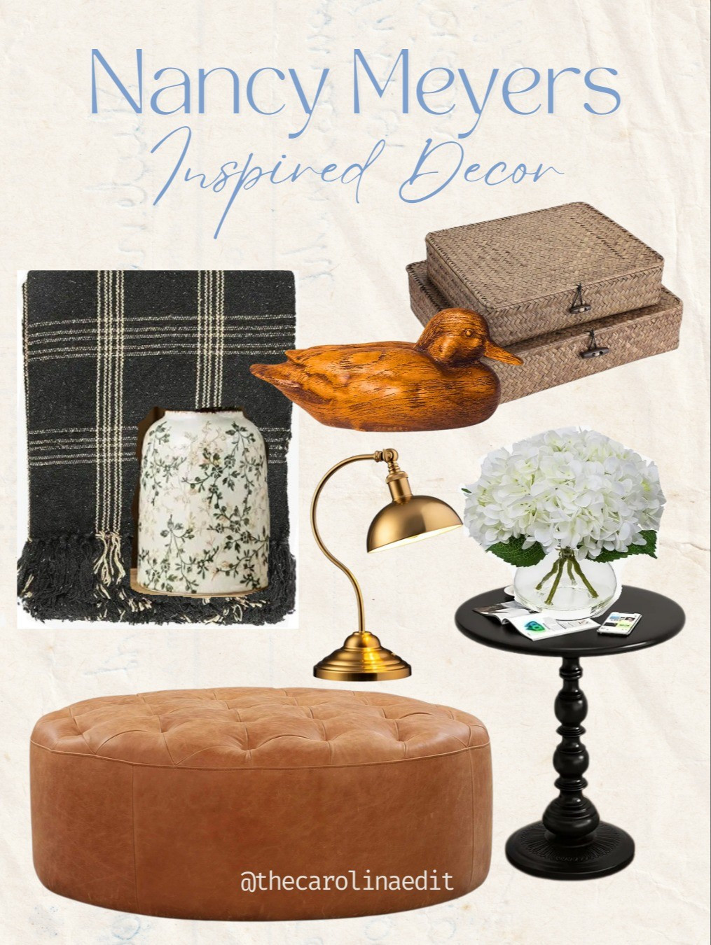 Nancy Meyers inspired home decor. The Meyers aesthetic combines elegant and refined taste with cozy, well loved items, creating a space that's both comfortable and lived in. It's a mix of soft, muted and natural hues and textiles. It needs to look like some of the decor has been passed down from grandma's house and yet, not have an outdated appearance. Here's a few items I've curated for a similar appeal. #nancymeyers #coastalhome #coastalcottage #cottagedecor #traditionaldecor #homedecor #affordabledecor #cozydecor 

#LTKHome #LTKStyleTip #LTKFindsUnder100