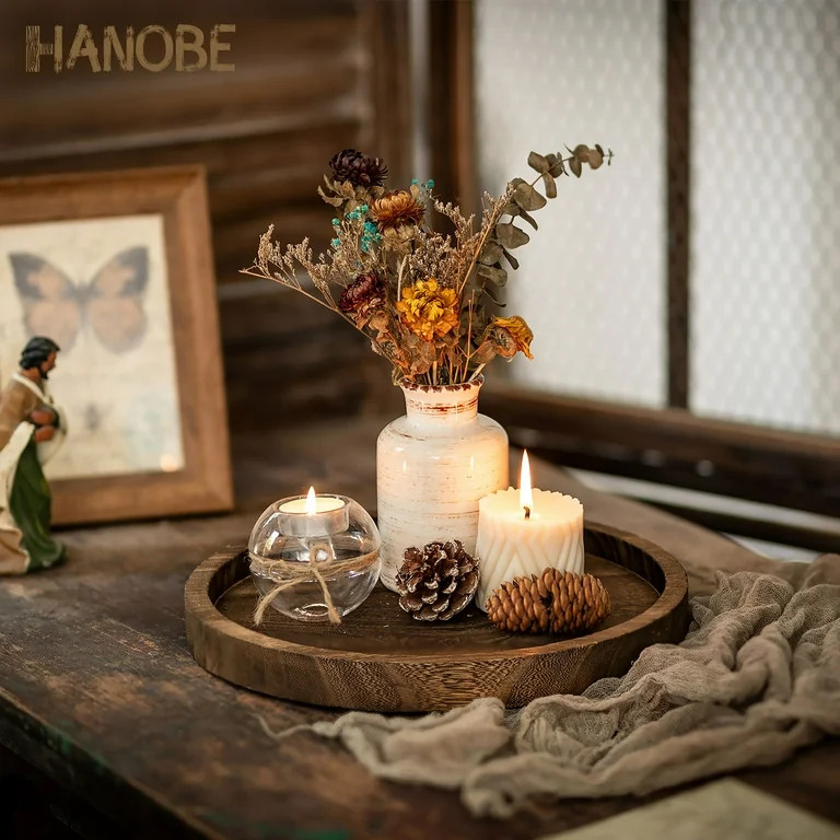 Hanobe Farmhouse Serving Tray for Rustic Home Kitchen Coffee Table Bathroom Decor Round Wooden De... | Walmart (US)