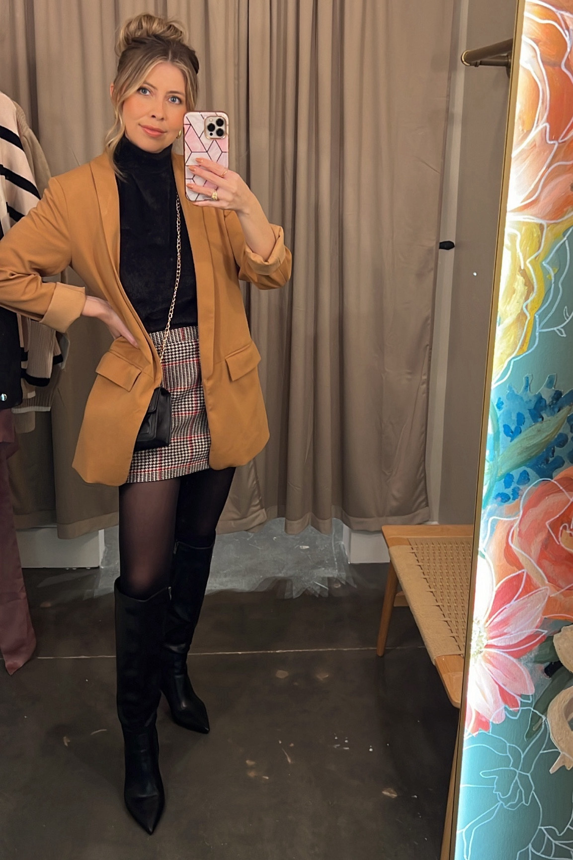 Blazer and skort outfit, plaid mini skirt, date night look, girls night out, hair updo, blazer style, black and neutrals 

In love with these knee high boots from Amazon! Comfy and the heel is not too high. 

#LTKsalealert #LTKfindsunder50 #LTKSeasonal