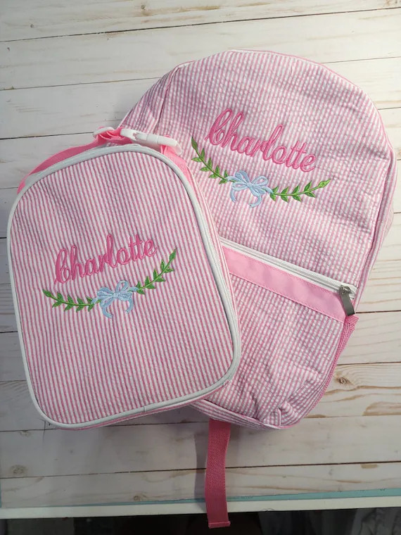 Pink seersucker backpack, personalized pink seersucker backpack with name, girl seersucker backpa... | Etsy (US)