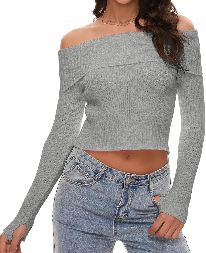 Fanseler Women's Strapless Off Shoulder Knit Crop Tops Slim Fit Sexy Chic Knitted Sweater Y2k Lon... | Amazon (US)