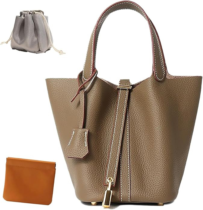 Genuine Leather Lock Design Bucket Bag Vegetable Basket, Fashionable and Versatile Satchel Handba... | Amazon (US)