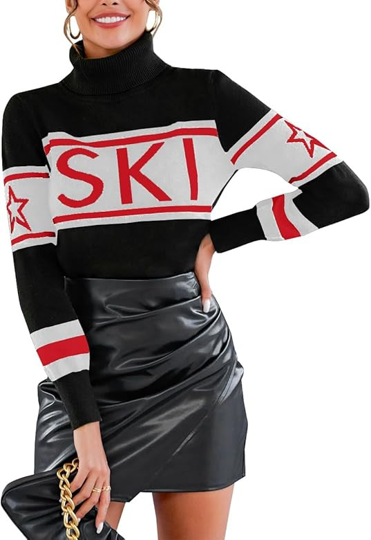 Yousify Women Turtleneck Sweater Cute Striped Color Block Sleeve Tops Casual Ski Sweaters Tight K... | Amazon (US)