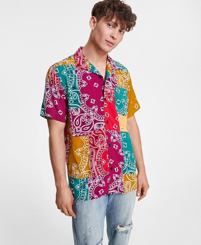 Sun + Stone Men's Kayden Regular-Fit Bandana Patchwork-Print Camp Shirt, Created for Macy's  & Re... | Macys (US)