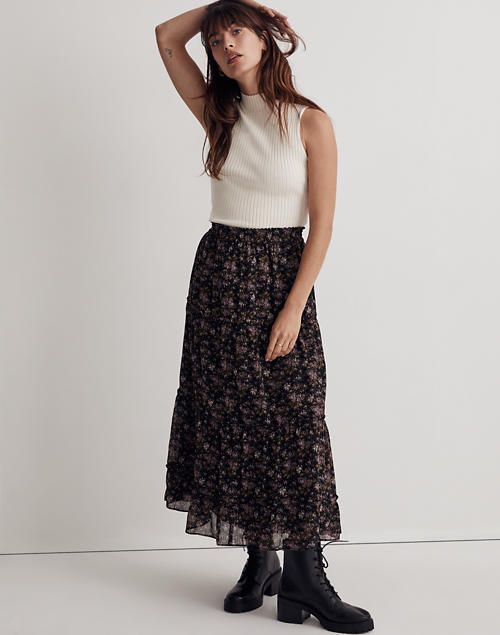 Crinkle Georgette Tiered Maxi Skirt in Blurred Blooms | Madewell