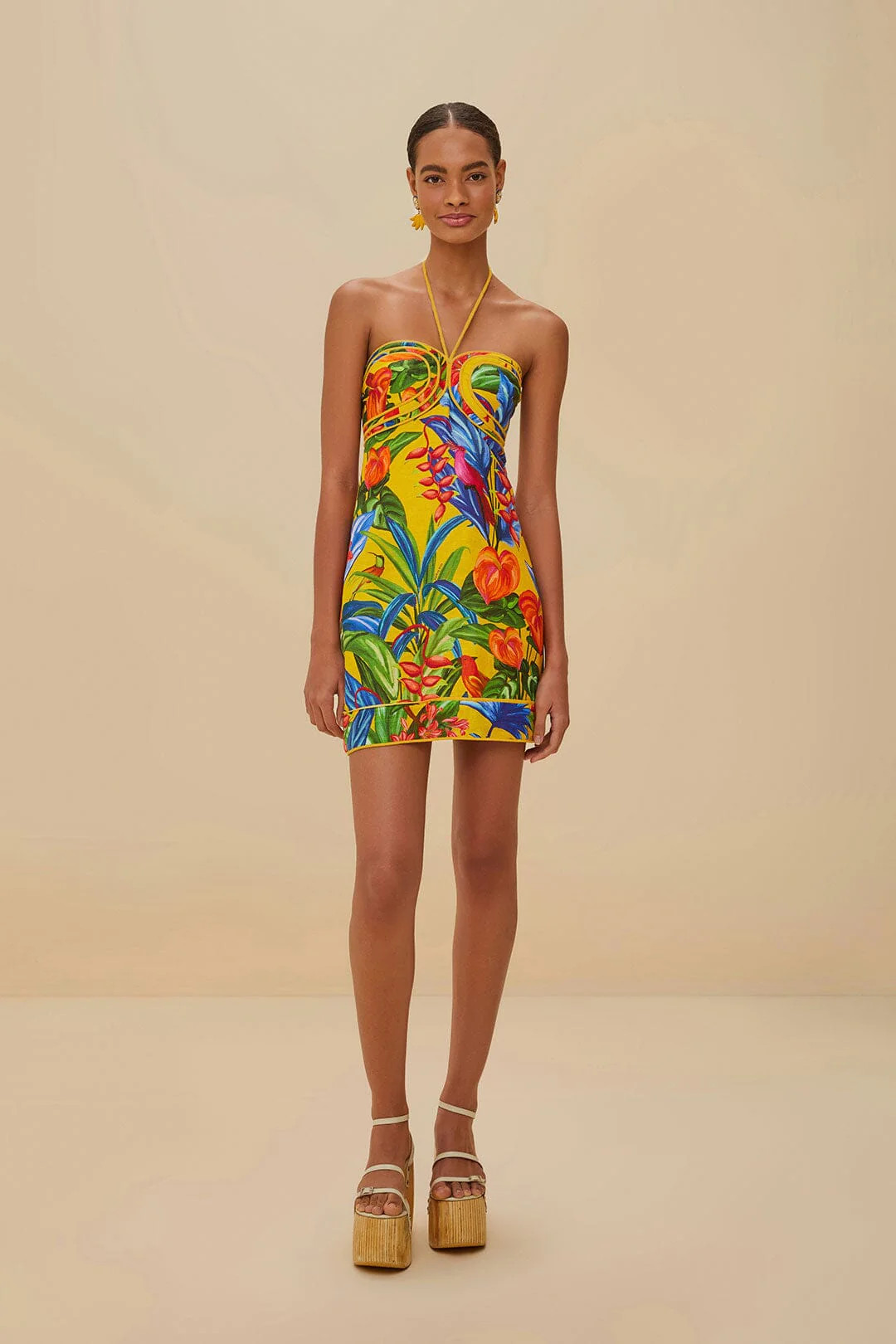 Bright Nature Yellow Mini Dress Sleeveless | FarmRio (US)