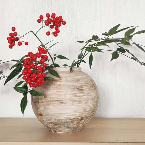 Rustic Ribbed Vase Home Decor - 6.3 in Ceramic Vintage Farmhouse Vases for Decor, Decorative Terracotta Round Bowl vase for Living Room, Table, Shelf, Kichen Decor | Amazon (US)