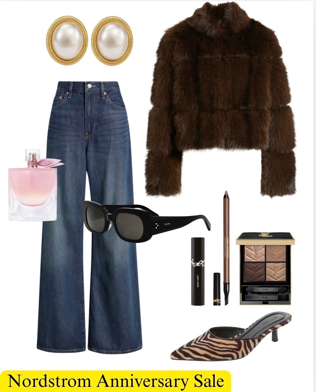 Nordstrom anniversary find, faux, fur coat, denim, jeans, zebra heels, perfume, golden, white oval earrings, Saint Laurent makeup, designer, sunglasses, fall clothes, outfit ideas.

#LTKootd #LTKSaleAlert #LTKBeauty