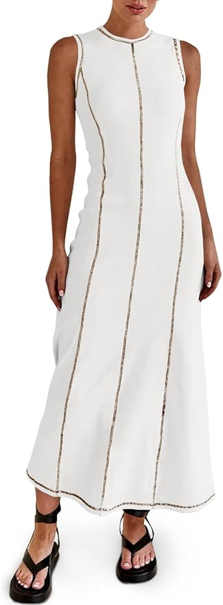 Wenrine Womens Sleeveless T Shirt Dress Summer Contrast Stitch Ribbed Knit Tank Maxi Dresses | Amazon (US)