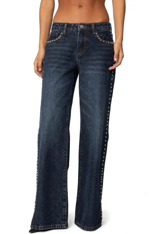 EDIKTED Stassie Studded Low Rise Baggy Jeans in Blue at Nordstrom, Size Large | Nordstrom