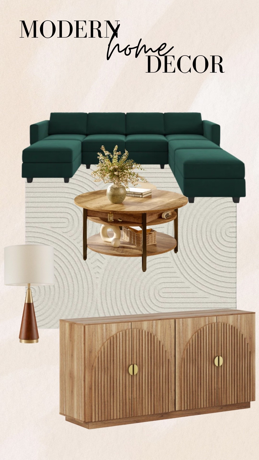 If your home style is clean, elevated, and a little bit earthy — this roundup is everything. 🤍🌿

I pulled together my favorite modern pieces:
• Deep green modular sectional (obsessed!)
• Sculptural textured area rug
• Round wood coffee table with storage
• Warm wood fluted sideboard
• Modern lamp with brass + wood details

Perfect for creating a cozy, modern living space with warm neutrals and intentional design. Tap any item to shop the look!

#ModernHomeDecor #HomeInspo #LivingRoomDesign #NeutralHome #LTKHome #LTKDecor #HomeStyling #CozyModern #InteriorDesignInspo

#LTKHome