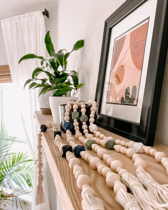 Farmhouse Wood Bead Tassel Garland, Farmhouse decor, Modern boho, Wooden bead garland, coffee tab... | Etsy (US)