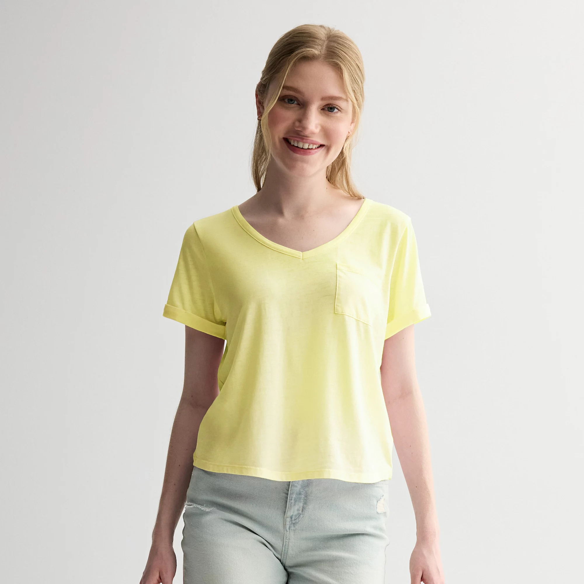 Juniors' Pink Republic Oversized Burnout V-Neck Short Sleeve Pocket T-Shirt | Kohl's