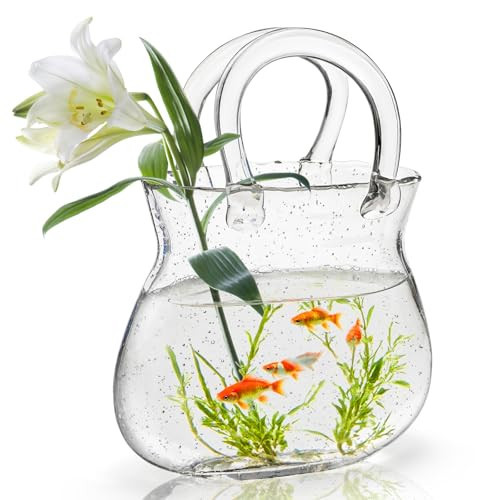 Jowgut Glass Purse Vase for Flowers, Clear Bag Vase with Handle, Unique Handbag Shape Decorative Fish Bowl for Cute Room Table Shelf Decor, Wedding Centerpiece | Amazon (US)
