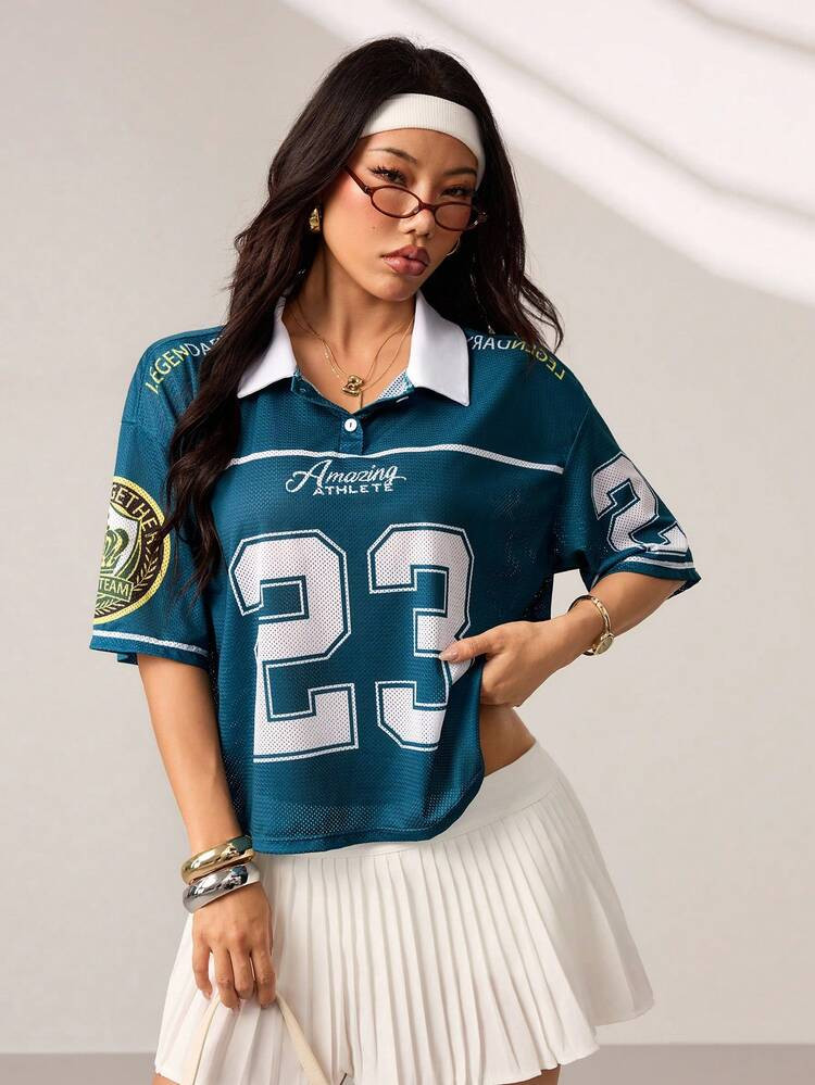 Dewbera Women's Casual Loose Fit Numeric Print Short Sleeve Sports Polo Shirt, Summer | SHEIN