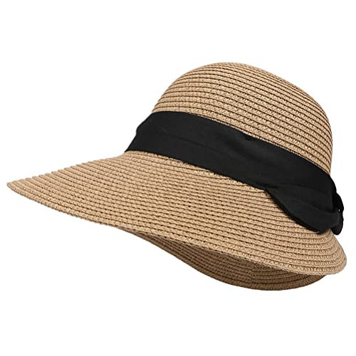 Summer Beach Sun Straw Hats for Women Wide Brim Packable Travel Bucket Hats UPF 50+ (Brown, with Black Band) | Amazon (US)