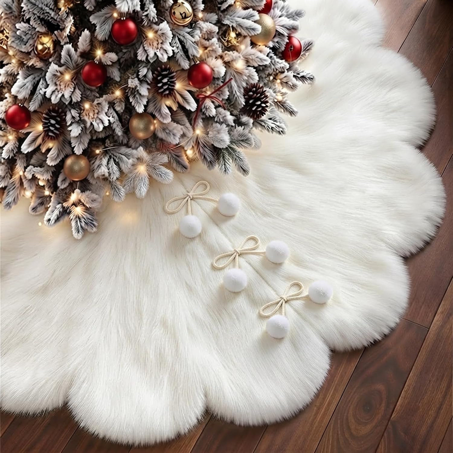 48 Inch Christmas Tree Skirt, White Faux Fur Tree Skirt with Pom-Pom Tie Closure, Elegant Xmas Tree Decorations for Holiday Home Decor | Amazon (US)