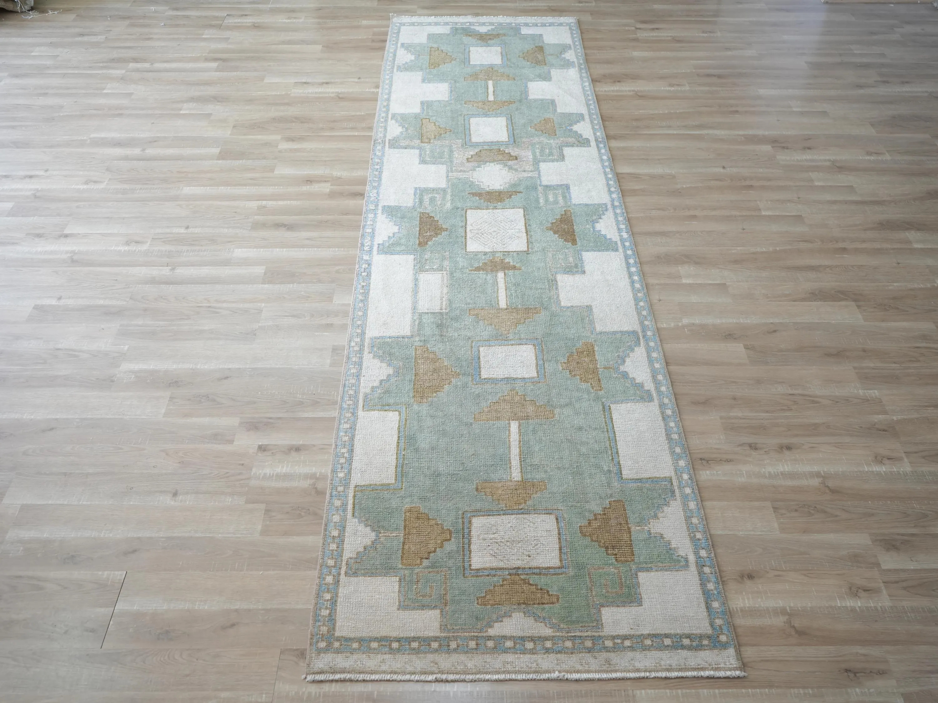 Vintage Oushak Runner Rug: Handknotted Sage Green Turkish Wool Hallway Carpet | Etsy (Global)