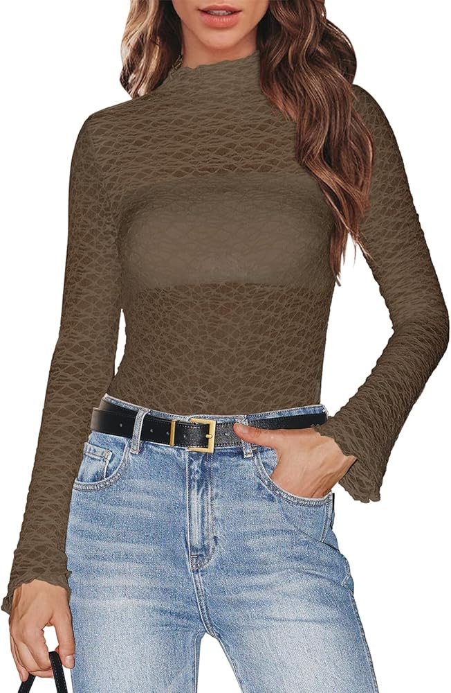 MIHOLL Womens Lace Tops Long Sleeve Mesh Sheer Tops Mock Neck See Through Floral Shirt Blouses | Amazon (US)