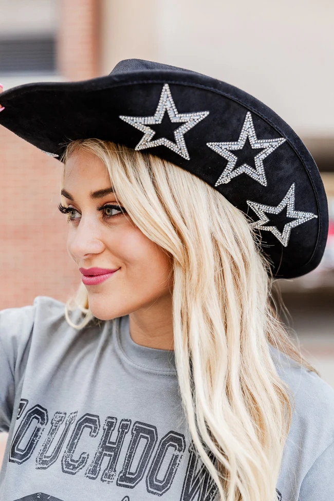 Look To The Stars Black Rhinestone Studded Star Cowboy Hat | Pink Lily