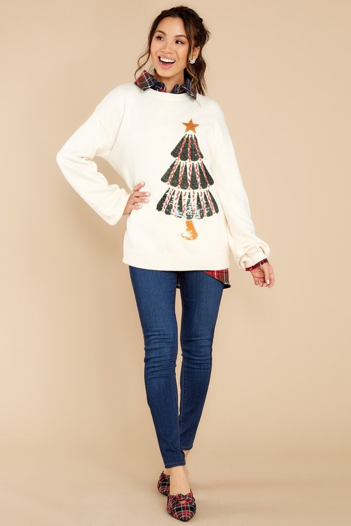 Tis The Sequin Ivory Sweater | Red Dress 