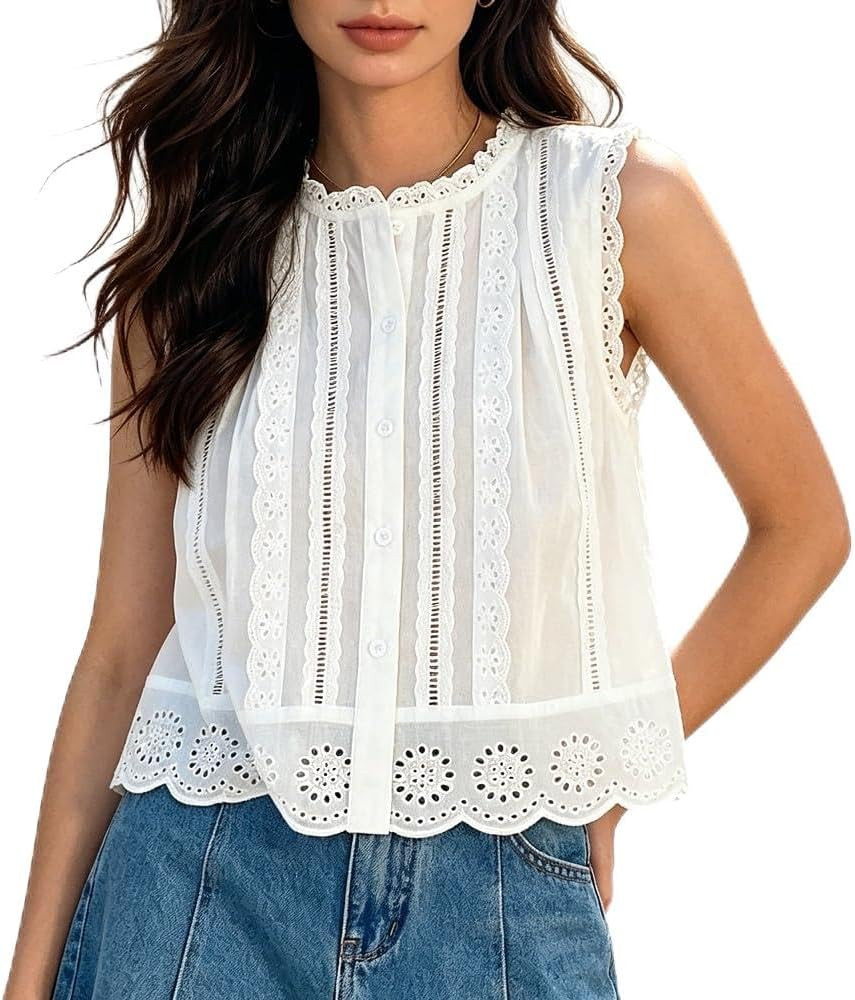 Women Boho Lace Trim Tank top Sleeveless Button Down Front Tie Lace Babydoll Tops Flowy Crop Top ... | Amazon (US)