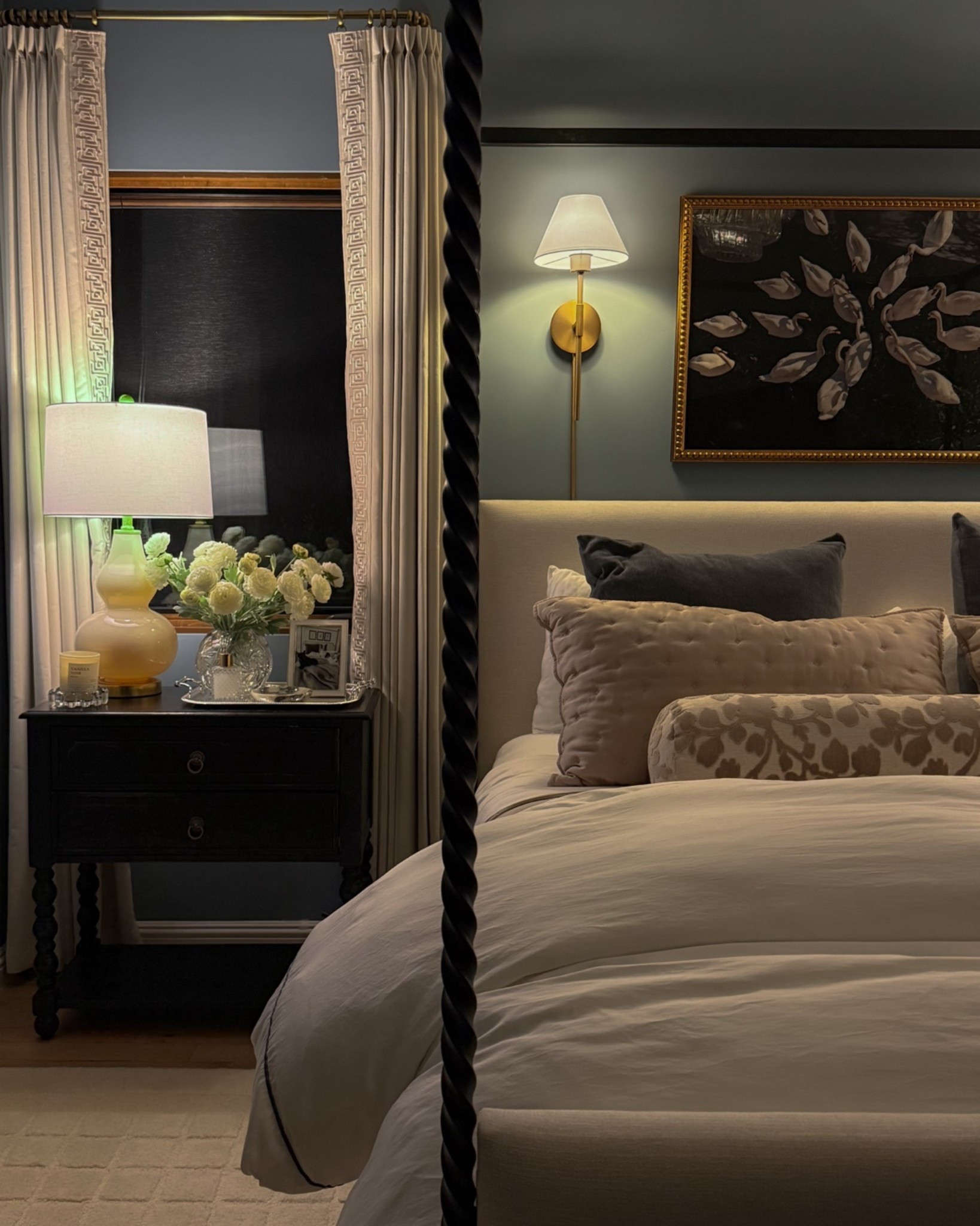 Cozy nighttime bedroom lighting 🥰 My sconces are actually plug in and not hardwired! They have a long cord cover that works for above a bed!

#LTKHome