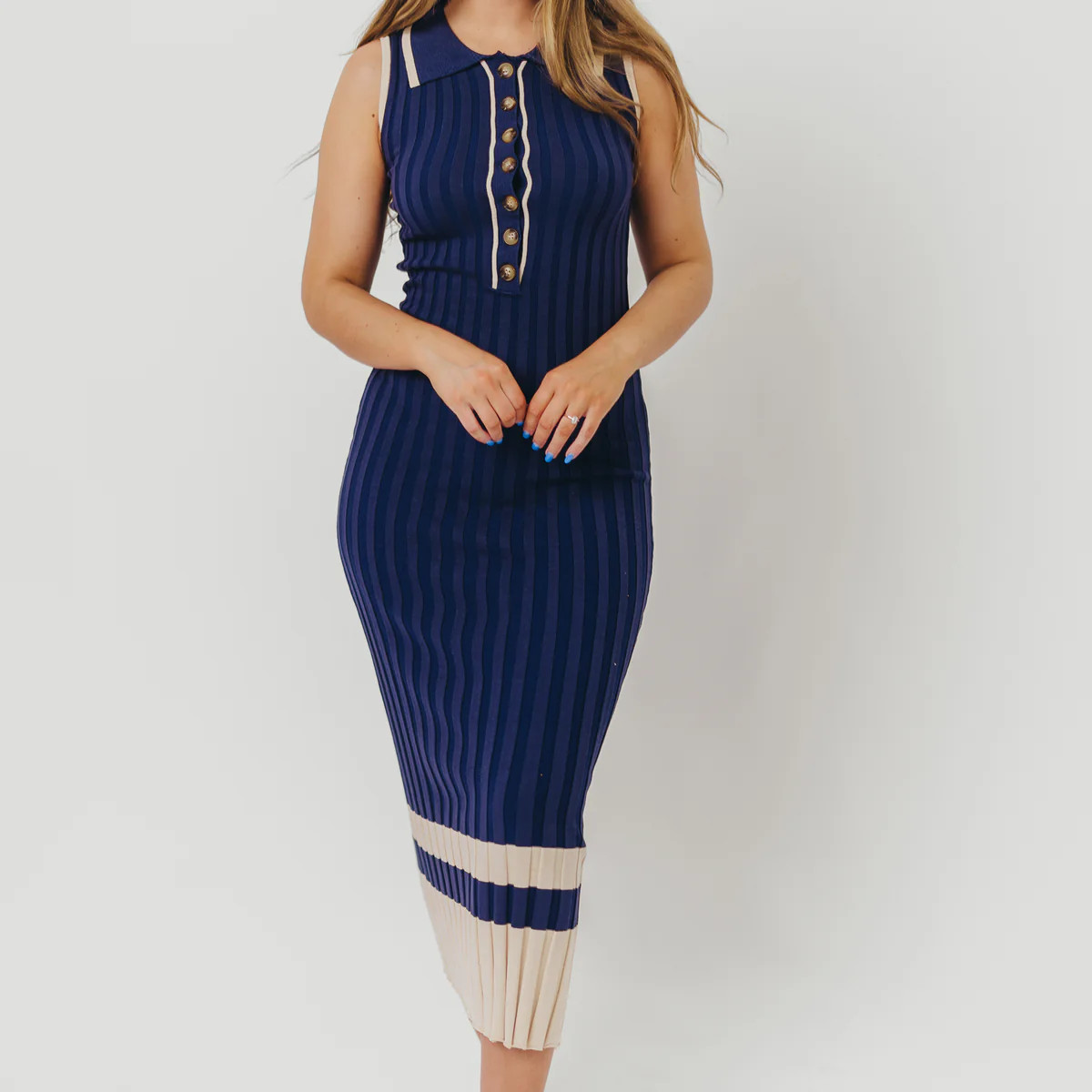 Jovie Sleeveless Ribbed Maxi Dress with Buttons in Navy | Worth Collective
