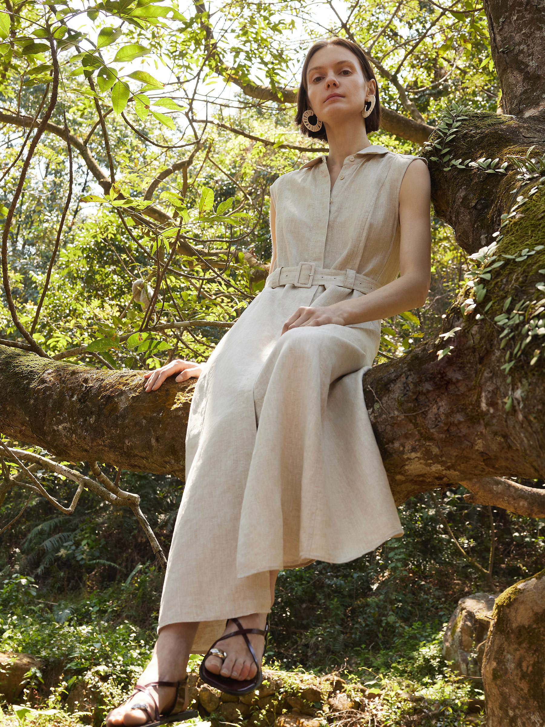 100% Linen Women Vest Maxi Shirt Dress With Belt | GOELIA
