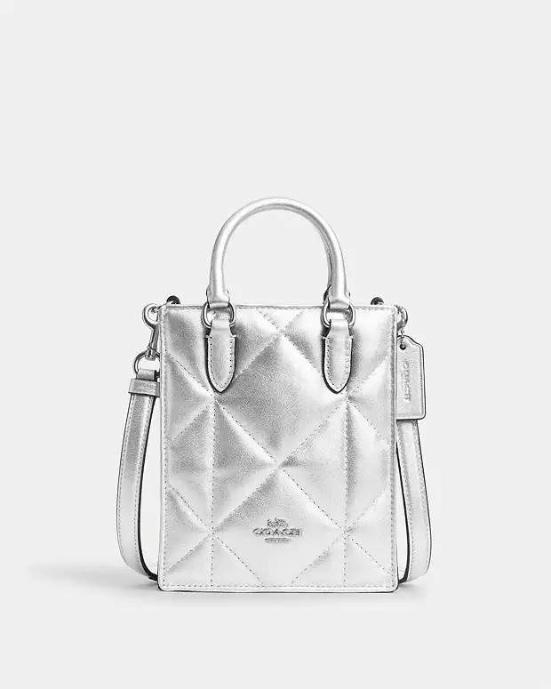 North South Mini Tote In Silver Metallic With Puffy Diamond Quilting | Coach Outlet CA