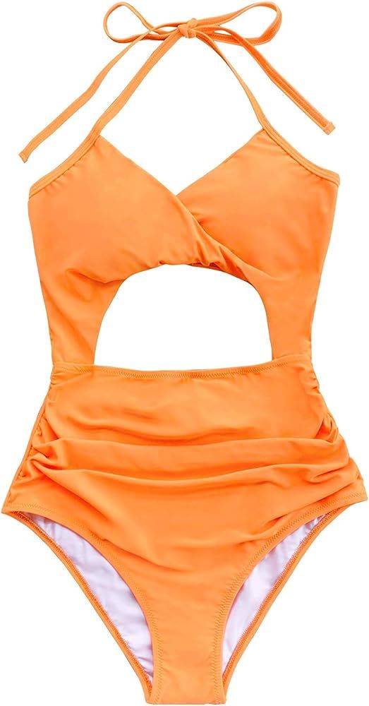 CUPSHE Women's Neon Orange Twist Cutout Halter One Piece Swimsuit | Amazon (US)