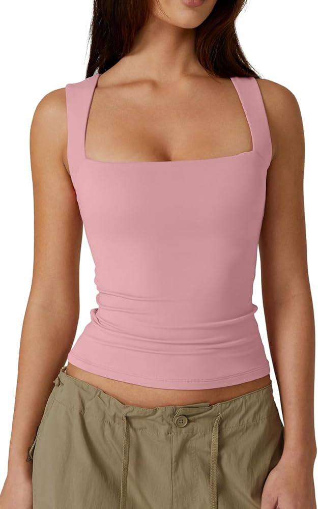 QINSEN Women's Square Neck Sleeveless Double-Layer Tank Tops Basic Tight T Shirts | Amazon (US)