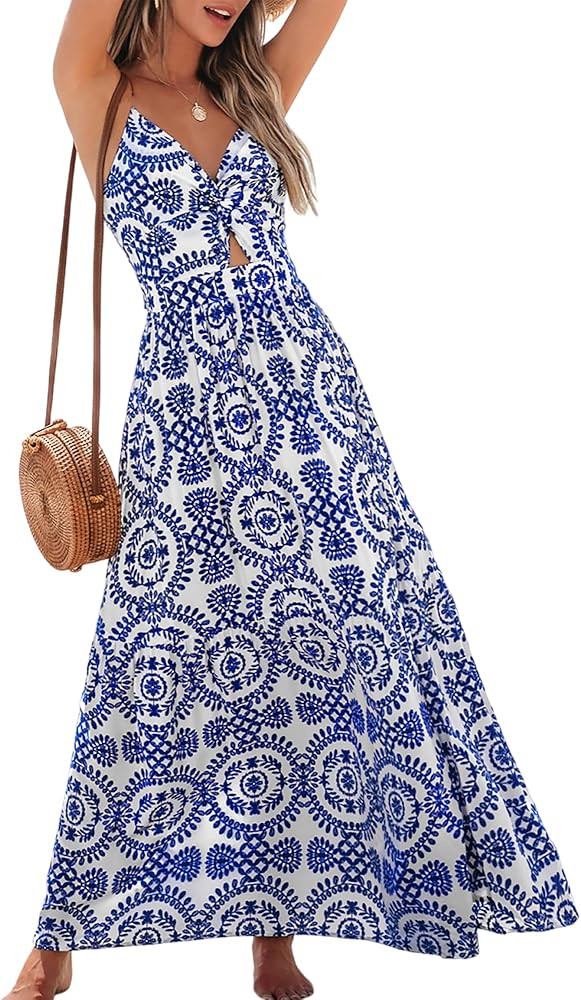 CUPSHE Women's Maxi Dress Floral Print Twisted V Neck Sleeveless Long Dress Summer Casual Dress | Amazon (US)