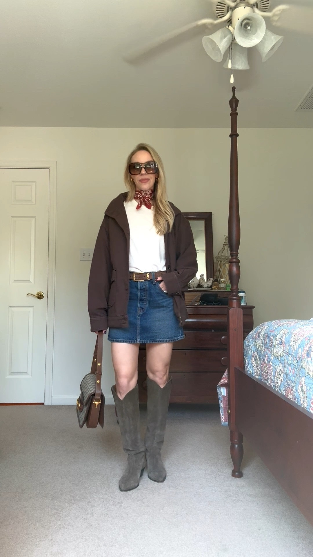 Transitional summer to fall outfit, western style outfit, denim mini skirt with boots, barn coat on sale under $50

#LTKSaleAlert #LTKOver40 #LTKSeasonal