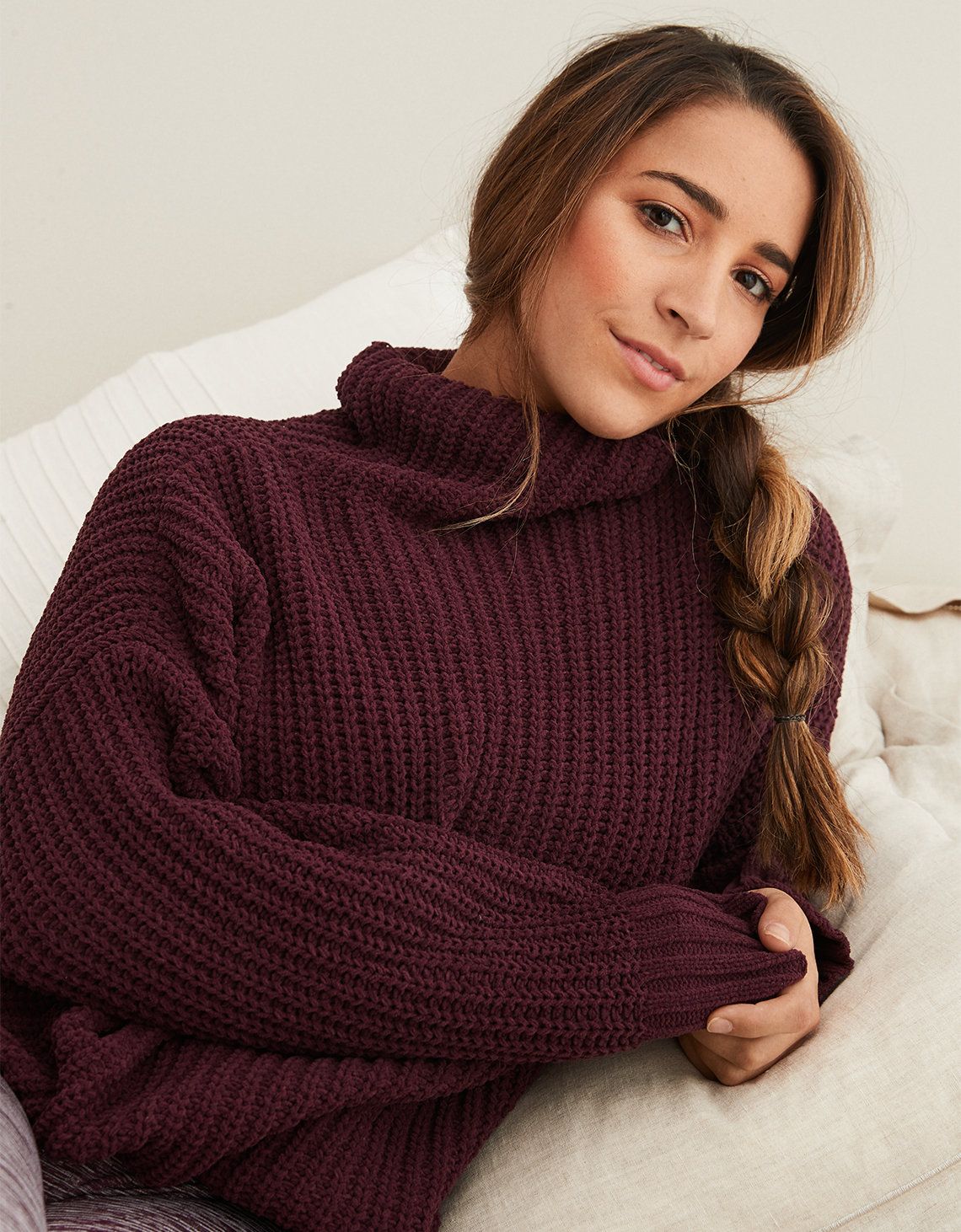 Aerie Oversized Chenille Turtleneck, Deep Plum | American Eagle Outfitters (US & CA)