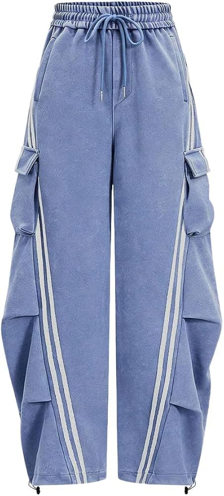 ZAFUL Women's Acid Wash Cargo Sweatpants Striped Drawstring Waist Wide Leg Pants with Pockets | Amazon (US)