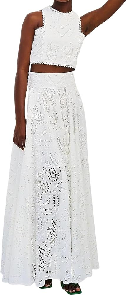 Women 2 Piece Lace Eyelet Set Hollow Out Embroidery Tank Top Long Skirt Sets Vacation Nightclub P... | Amazon (US)