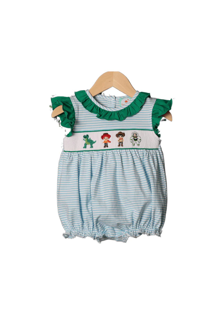 Smocked Friends Blue Stripe/Green Ruffle Bubble | The Smocked Flamingo