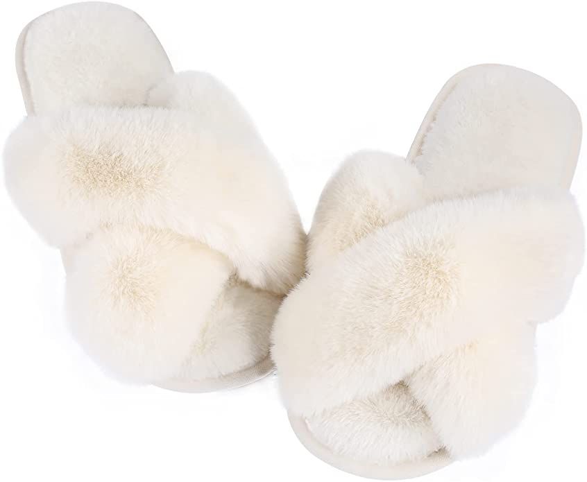 Womens Fuzzy Memory Foam Slippers - Ankis Cross Band Cozy Plush Home Slippers Fluffy Furry Open T... | Amazon (US)